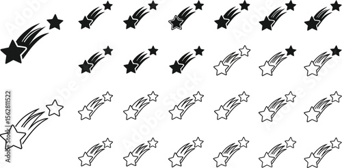 Collection of shooting star icons in black and white on a white background