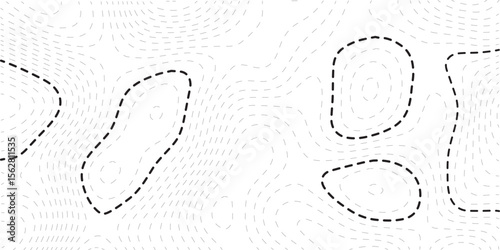 Vector illustration. Abstract topographic map. Thin black dashed contour lines on white background