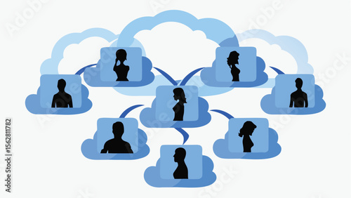 Network of people connected by clouds and lines representing social connections in the cloud system