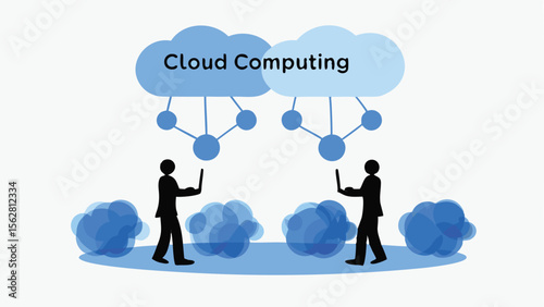 Illustration depicting two figures using laptops connected to cloud computing networks with cloud graphics