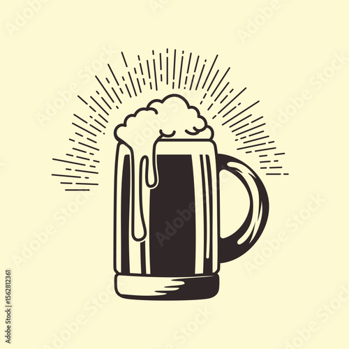 Hand drawn vintage beer mug on pale yellow background. Vector illustration