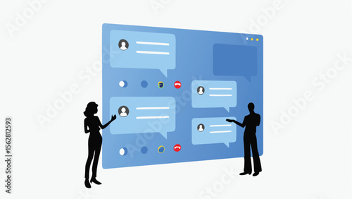 Silhouetted figures presenting a blue interface with message bubbles and user profile icons display