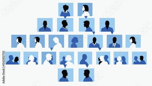 Organization chart showing hierarchy of people in blue and white color scheme with arrows connecting levels