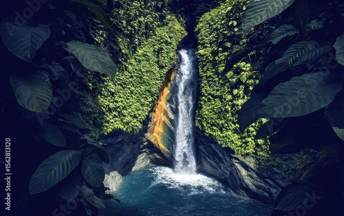 Waterfall cascading into turquoise pool, framed by lush greenery