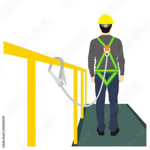 Rear view of man worker standing on high place work platform with safety harness attached on the guardrail for fall prevention.