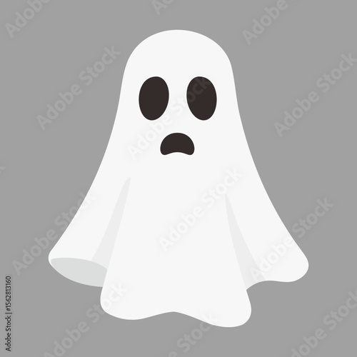 white sheet ghost of halloween with two black oval holes of eyes and a slightly sad expression.