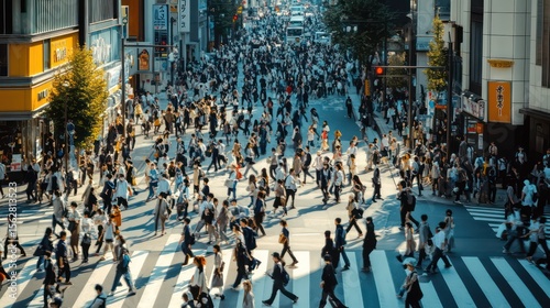 Busy Japanese City Street Crossing, Sunlit Pedestrian Traffic