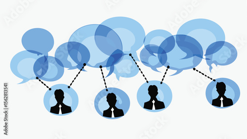 Illustration of connected people with speech bubbles representing communication and social networking concept