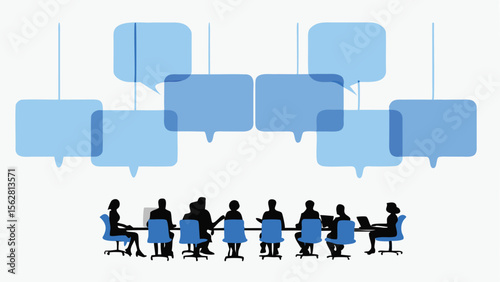 Silhouette of people sitting around a table with speech bubbles above them in a meeting setting