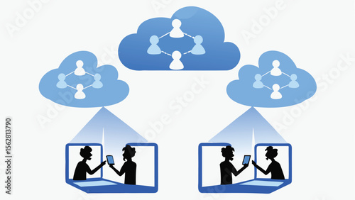 Illustration of cloud computing network connecting people on laptops and mobile devices for communication