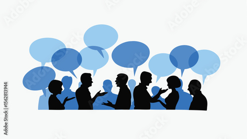 Silhouette of people in discussion with speech bubbles above their heads in a communication concept scene