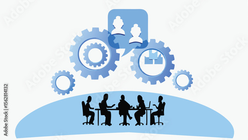 People in a meeting around a table with gears and icons representing collaboration and teamwork shown above
