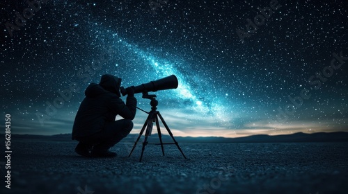 Witness Natural Phenomenon Concept. Stargazer Observing Stars and Galaxies Through Telescope Under Night Sky