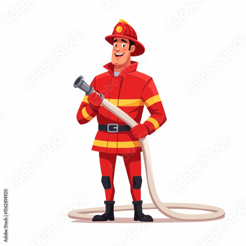 Flat vector illustration of a firefighter in full red uniform holding a hose