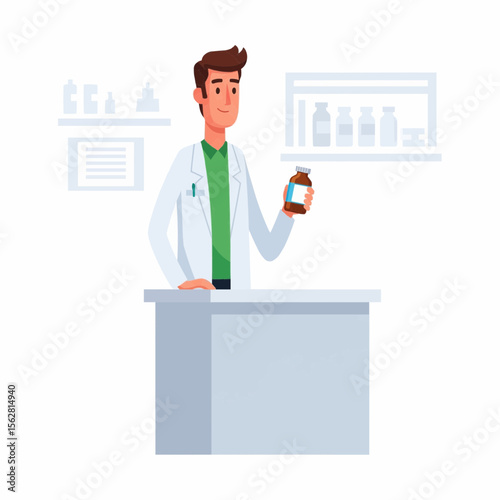pharmacist character standing behind a counter with a bottle of medicine