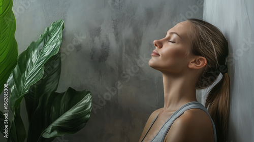 Serene woman in activewear posing against a wall with morning light.