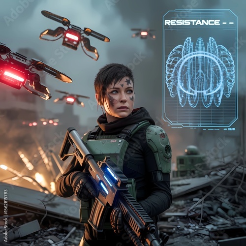 A photograph of a lone female soldier with cybernetic enhancements standing amidst the rubble of a destroyed city in 2025. Her face, streaked with grime and determination.