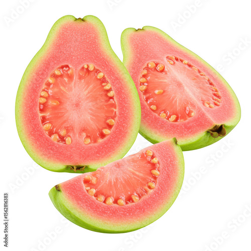 Vibrant pink guava halves and slice isolated on transparent background