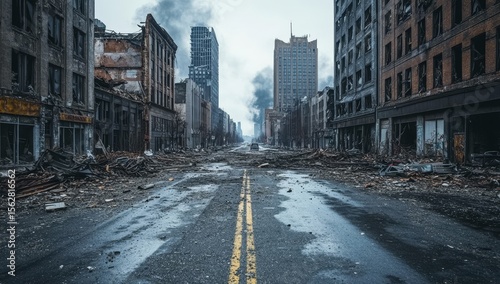 Fototapeta Naklejka Na Ścianę i Meble -  Desolate city street after fire, ruined buildings, smoke background.  Empty road. Possible use disaster, conflict, war stock image