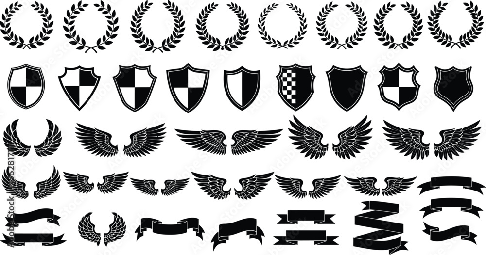 Fototapeta premium Collection of heraldic elements featuring wreaths shields wings and ribbons