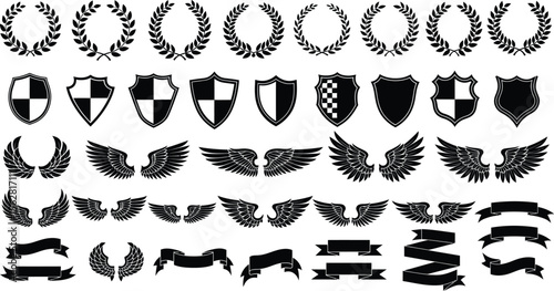 Collection of heraldic elements featuring wreaths shields wings and ribbons