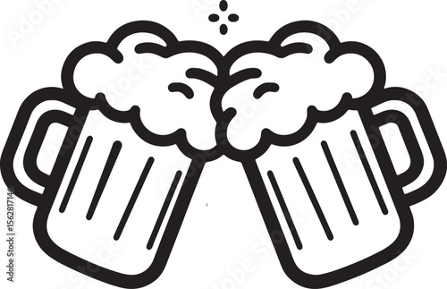 Beer mug silhouette line art vector set, two cheers beer mugs icon vector illustration.