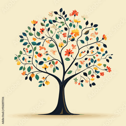 Floral tree beautiful, vector style simple color
