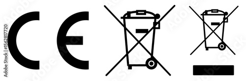 CE marking and crossed out wheeled bin icons. Used on electronics for compliance and recycling standards in the EU. Clean black vector symbols for packaging, labels, and regulatory design use.