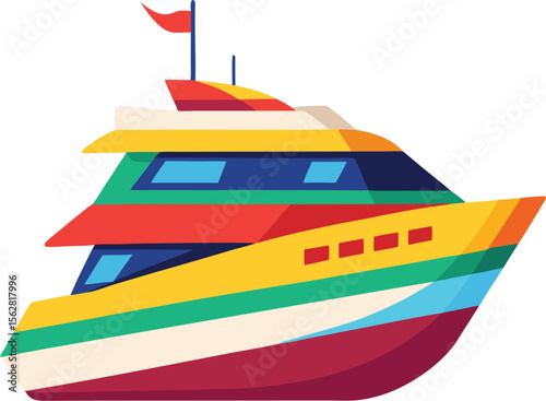 Vibrant and clean illustration of a colorful yacht sailing on a white background