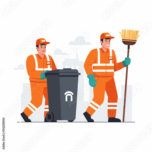 Flat vector character of a sanitation worker in bright orange uniform pushing a trash bin or holding a broom.