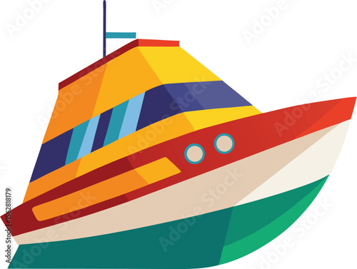 Vibrant and clean illustration of a colorful yacht sailing on a white background