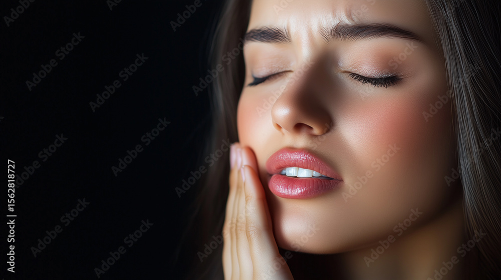 Obraz premium Flawless Beauty Portrait Photography, Radiant Skin Glow Image , Sensual Glamour Close-Up Shot, woman closeup Dental tooth background. generative ai