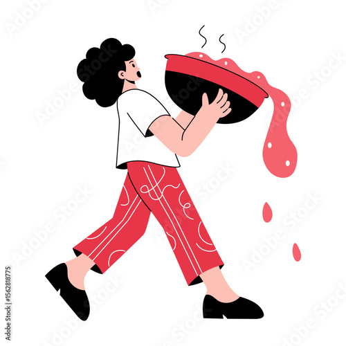 A hand drawn illustration showing a person spilling soup 
