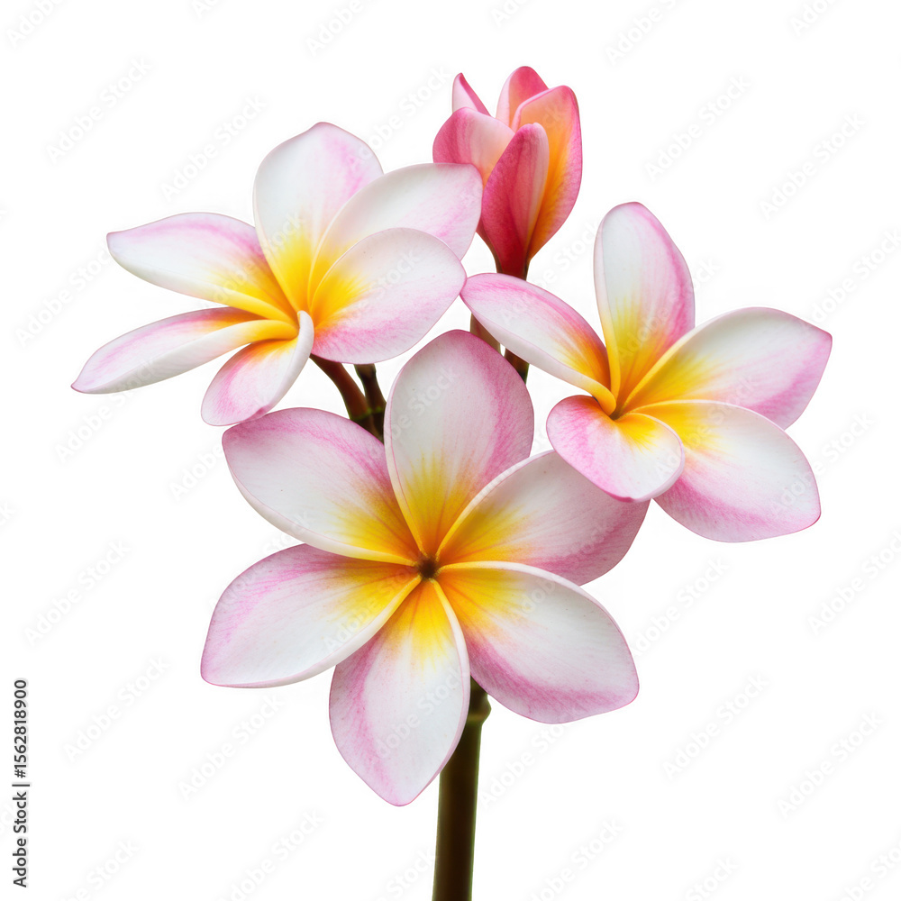 Fototapeta premium Delicate pink and yellow plumeria flowers with buds isolated on transparent background