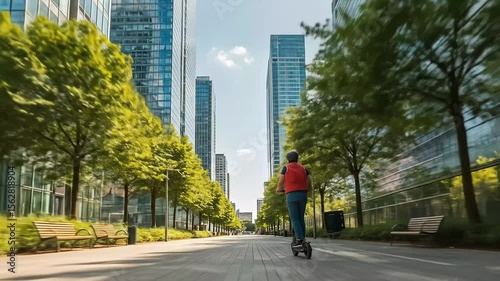 Wallpaper Mural Young man riding scooter on city sidewalk with tall buildings Torontodigital.ca
