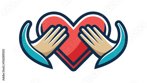 Vector art of two hands gently cradling a red heart, symbolizing care and support isolated on white background