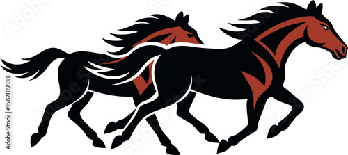 Vector art of two black and red horses running at full speed isolated on white background in a dynamic vector illustration