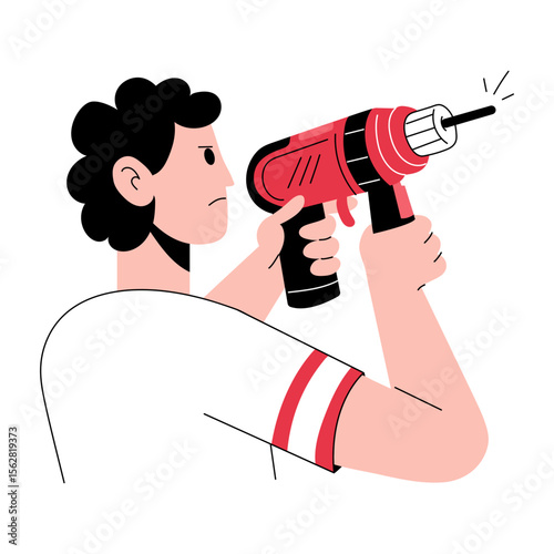 A hand drawn illustration showing a person holding drilling 
