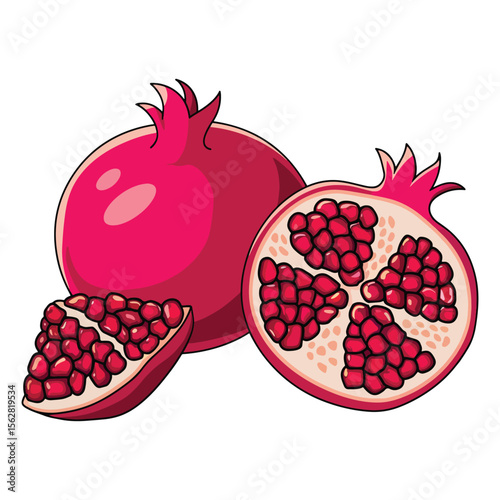 Set of Fresh Whole, Half, and Cut Pomegranate Vegan Food
