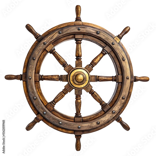 Polished wooden ship wheel with brass center on white background