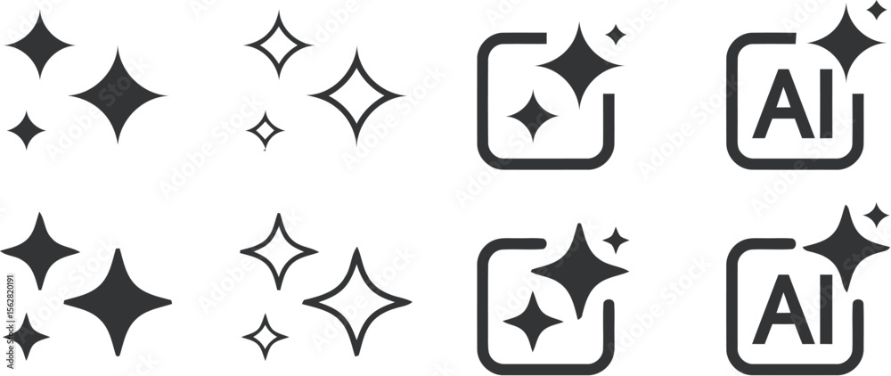 Depiction of sparkle icons in varying styles and ai integration symbols