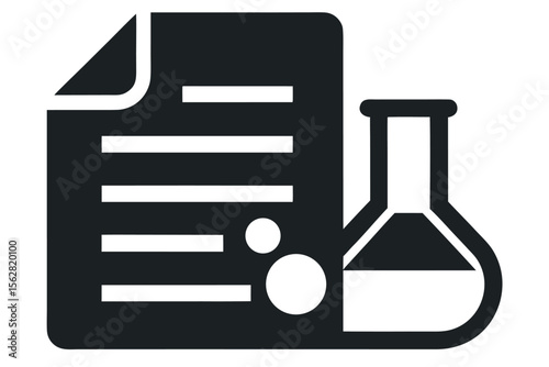 Vector art of a document with a seal next to a scientific flask, isolated on white background