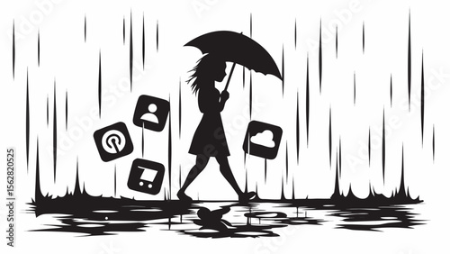 Silhouette of a woman with umbrella in rain with social media icons around her in black and white style