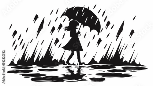 Silhouette of a girl walking in the rain with an umbrella amidst puddles in a monochrome illustration