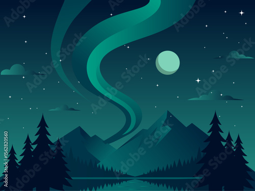 Minimalist Flat Vector Illustration, Night Scene, Clean Geometric Shapes with Mountains and Pine Forest