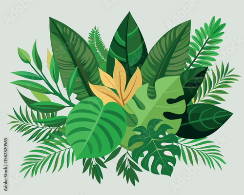 Vector art of a collection of tropical leaves creates a lush botanical arrangement in a vector illustration