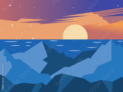 Flat minimalist vector illustration with clean geometric shapes depicting a large sunset over a blue sea, sharp icebergs in the foreground, and an orange to purple gradient sky with sparkling stars.