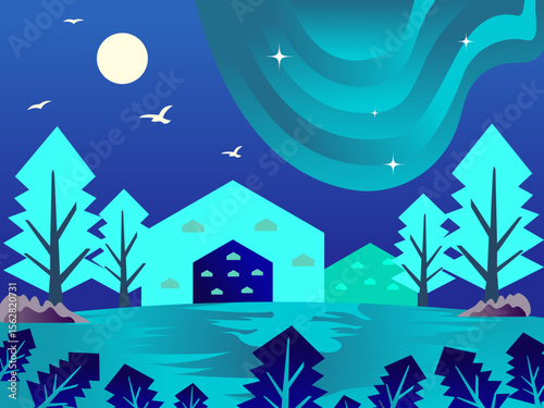 Minimalist Flat Vector Illustration of Aurora at Night with House, Pine Forest and Full Moon Suitable for wallpaper, poster, website banner