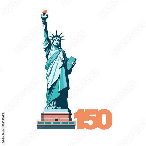 Statue of Liberty monument, poster. 150 years. July 4, USA Independence Day. Green flat design template. Holiday, welcome to America USA. New York symbol, banner, advertisement. Vector illustration 