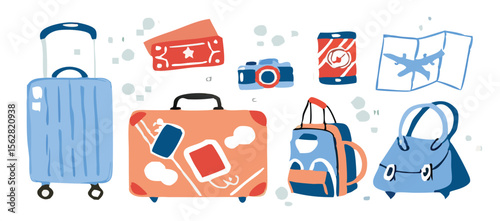 Set of travel icons. Traveler suitcase with stickers. Bag, map, camera, tickets, phone, hat, airplane, compass and airplane with linear flying route. Vector objects isolated on blue background. 